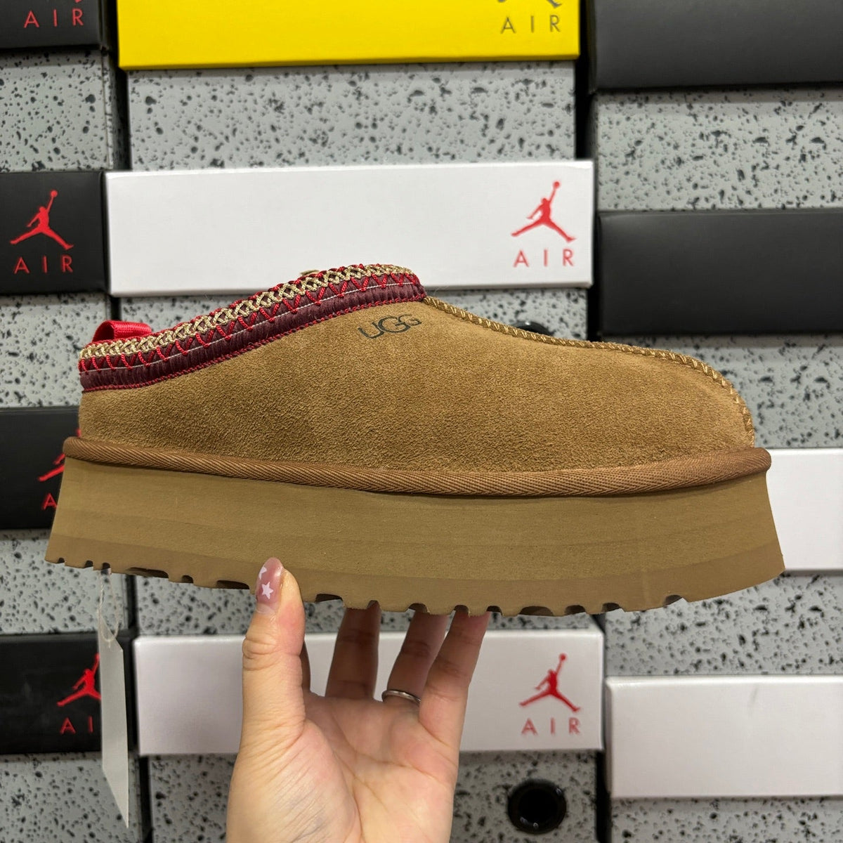 UGG Tazz Platform Slipper – Women’s Suede Clog with Red & Gold Braided Collar in Chestnut
