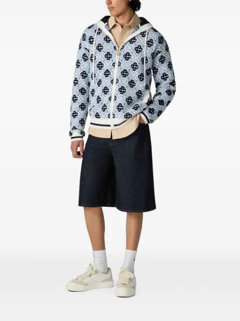 Casablanca blue merino monogram zip‑up hooded sweatshirt