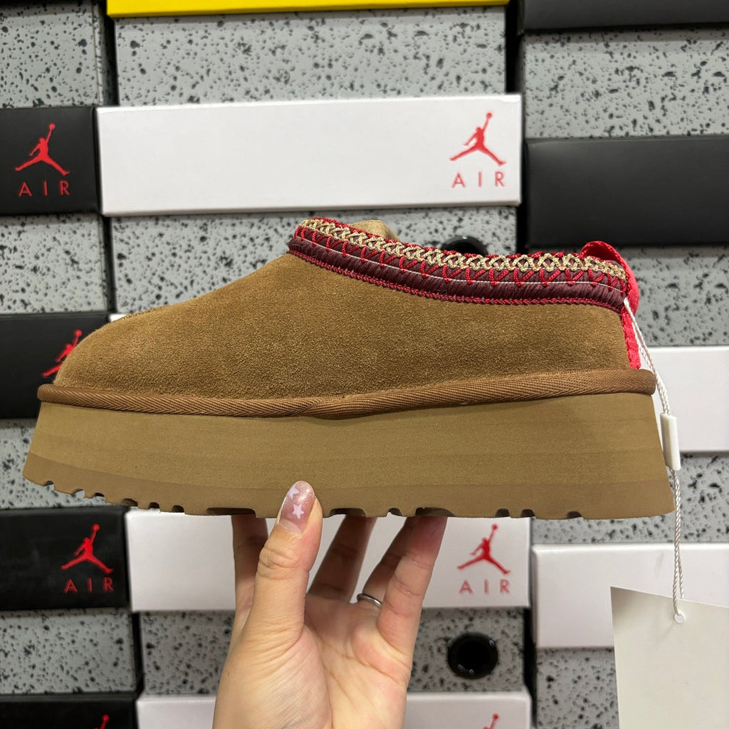 UGG Tazz Platform Slipper – Women’s Suede Clog with Red & Gold Braided Collar in Chestnut