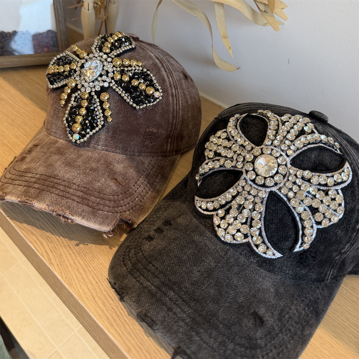 Rhinestone Cross Beaded Distressed Baseball Cap Streetwear Multi‑Style