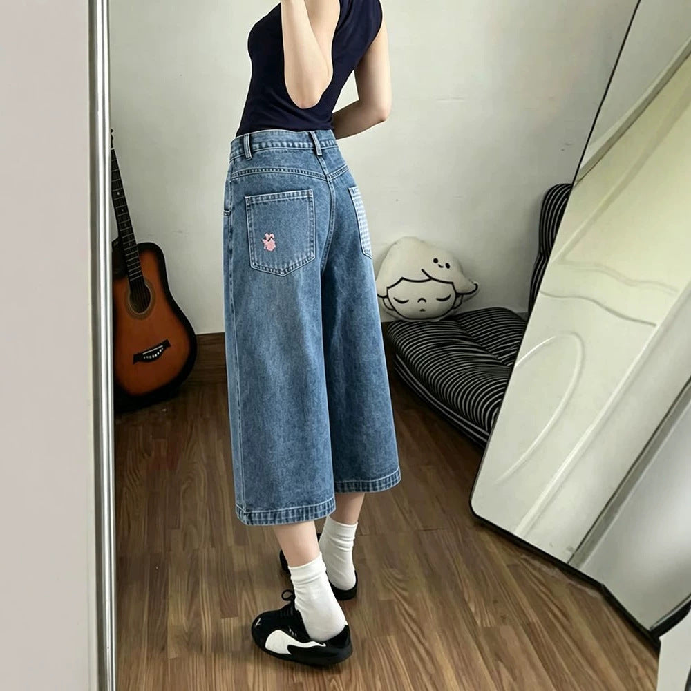 Cute Puppy Embroidery Plaid Spliced Cropped Wide Leg Denim Culottes