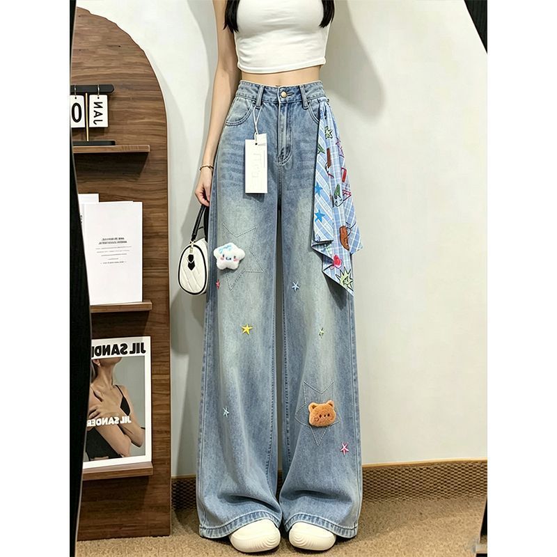 Bear Star Embroidery Scarf Decor Wide Leg High Waist Denim Jeans