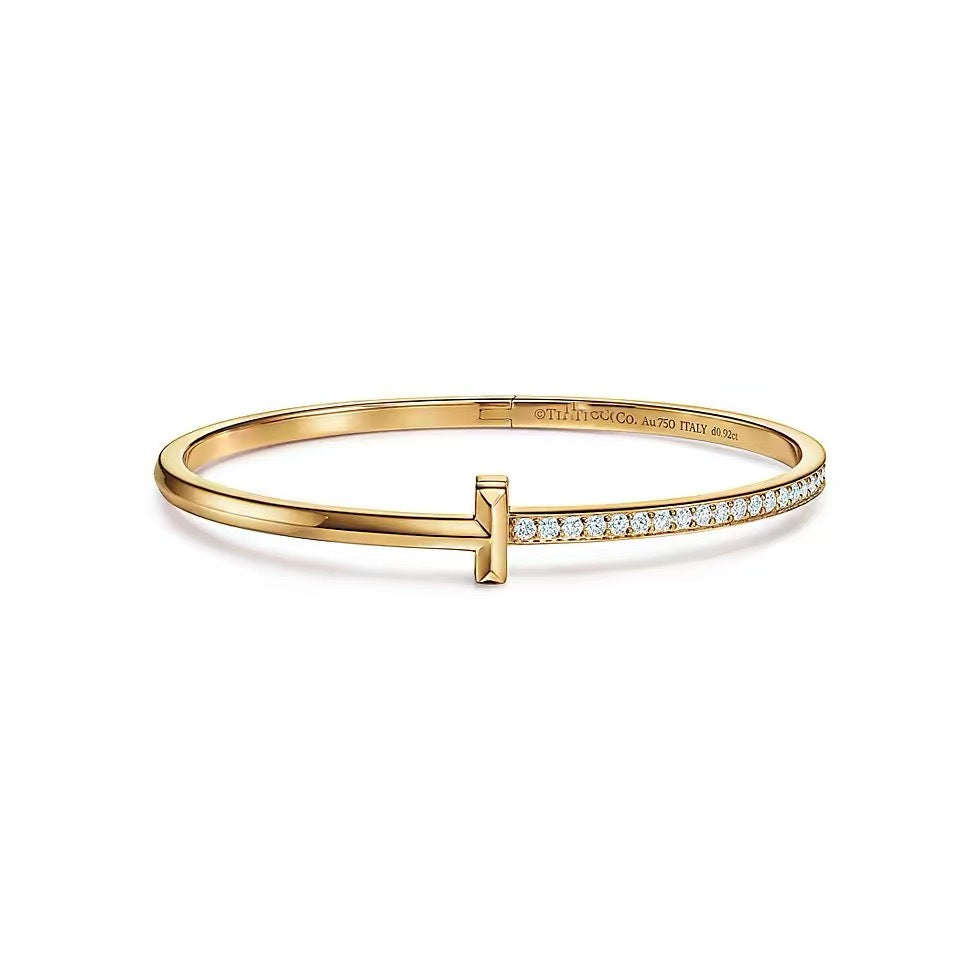 Tiffany Style T Motif Cubic Zirconia 18K Gold-Plated Bangle