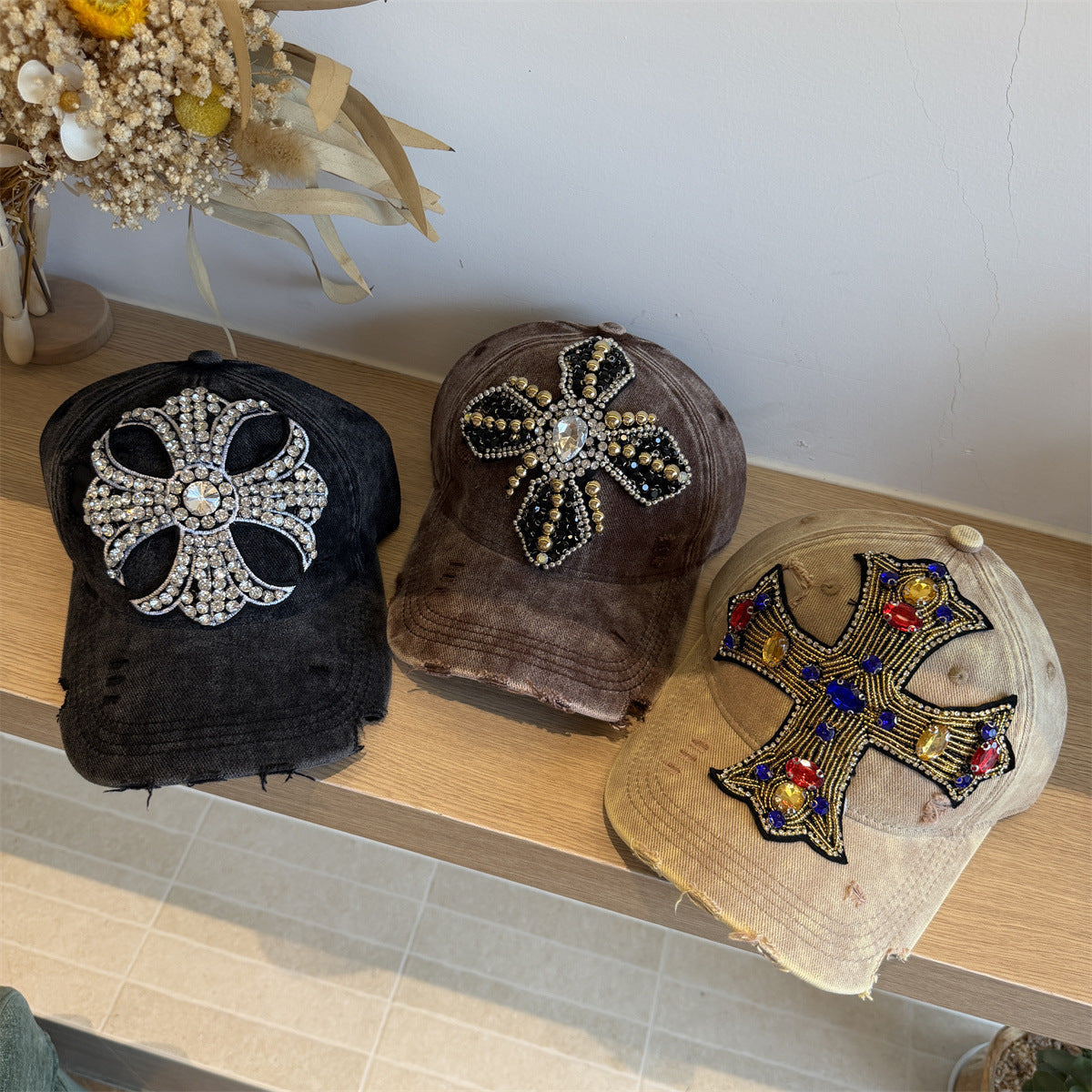 Rhinestone Cross Beaded Distressed Baseball Cap Streetwear Multi‑Style