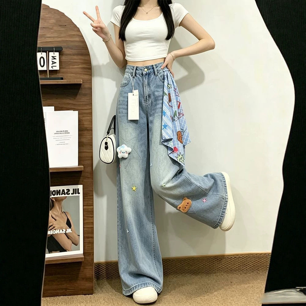 Bear Star Embroidery Scarf Decor Wide Leg High Waist Denim Jeans