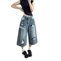Cute Puppy Embroidery Plaid Spliced Cropped Wide Leg Denim Culottes