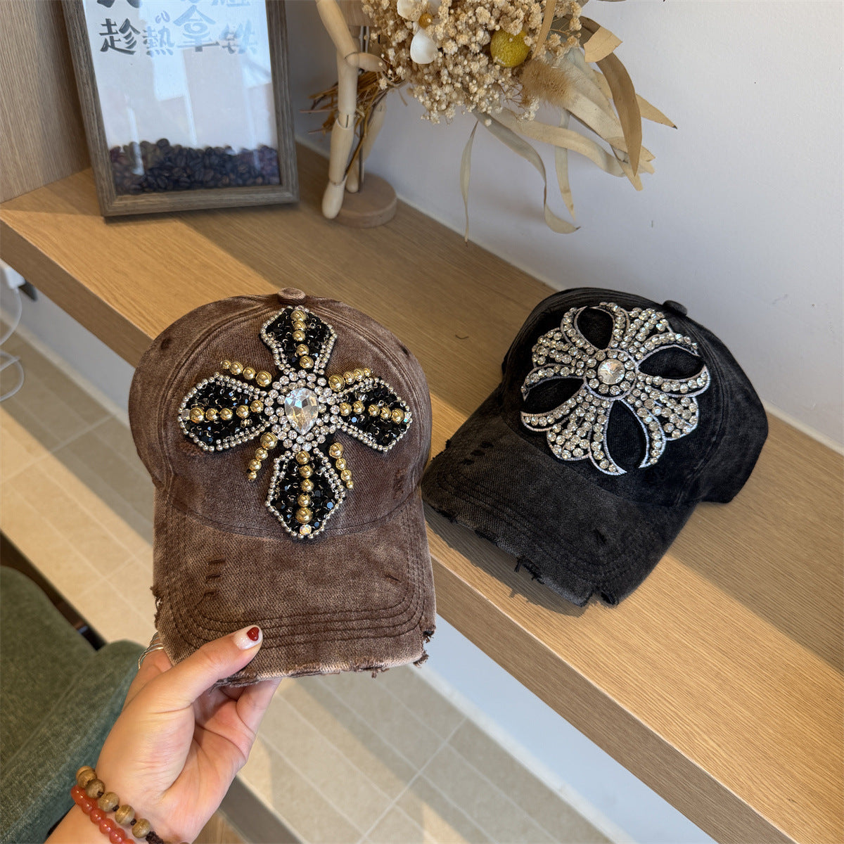 Rhinestone Cross Beaded Distressed Baseball Cap Streetwear Multi‑Style