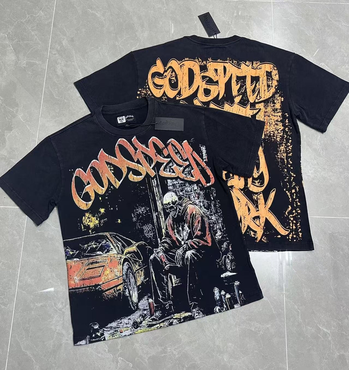 Godspeed Street Graffiti Skeleton Car Graphic T-Shirt
