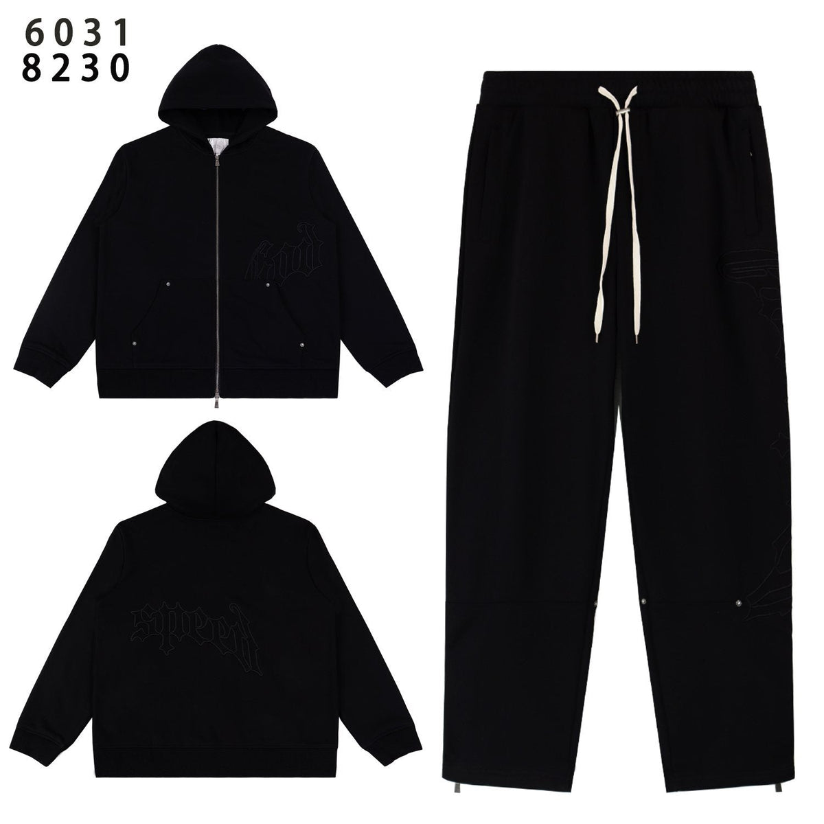 Godspeed Tonal Black Gothic Zip Hoodie Tracksuit Set
