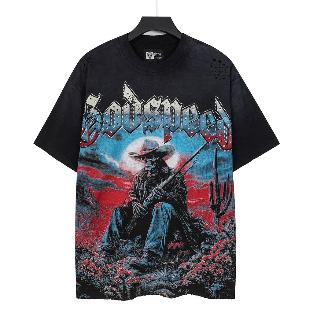 Godspeed Cowboy Skull Rhinestone-Style Short-Sleeve T-Shirt
