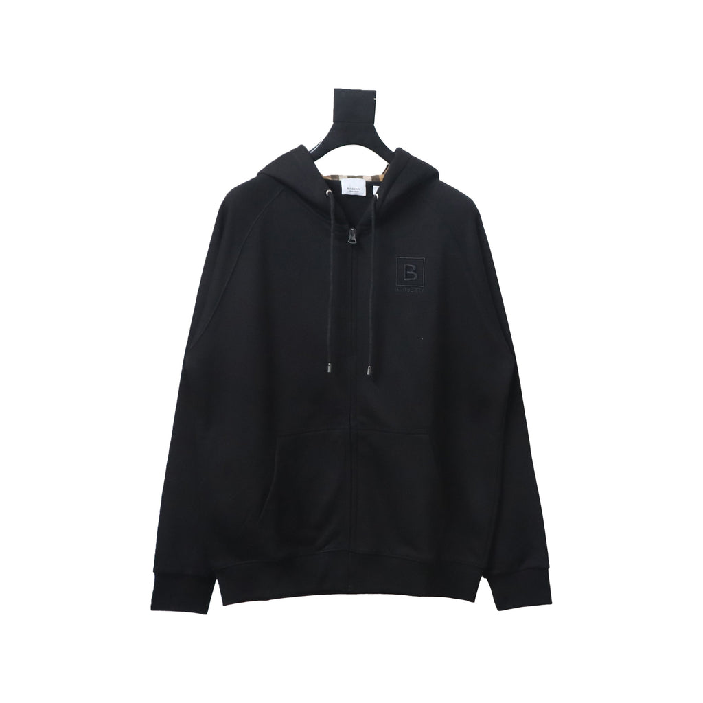 Brand Zip Up Hoodie With Check Hood Black Archive Beige