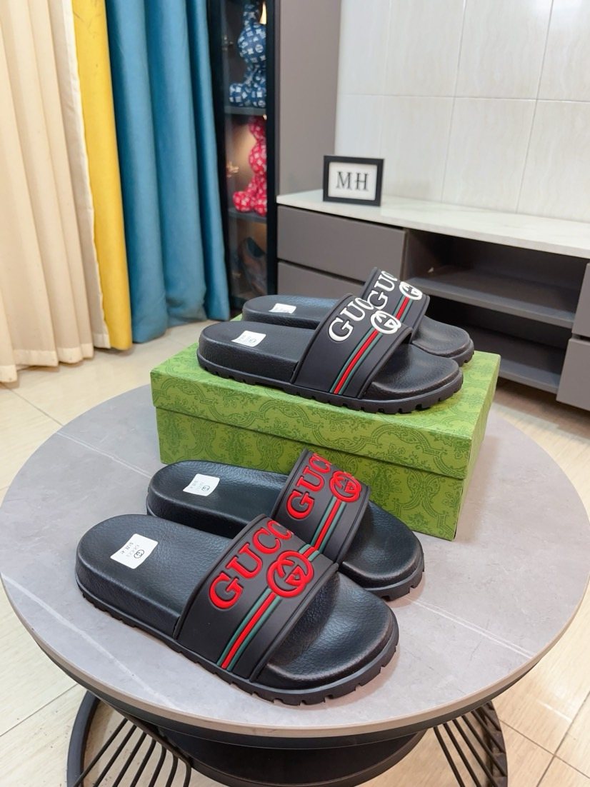 Gucci Black Red Green Striped Slide Sandals