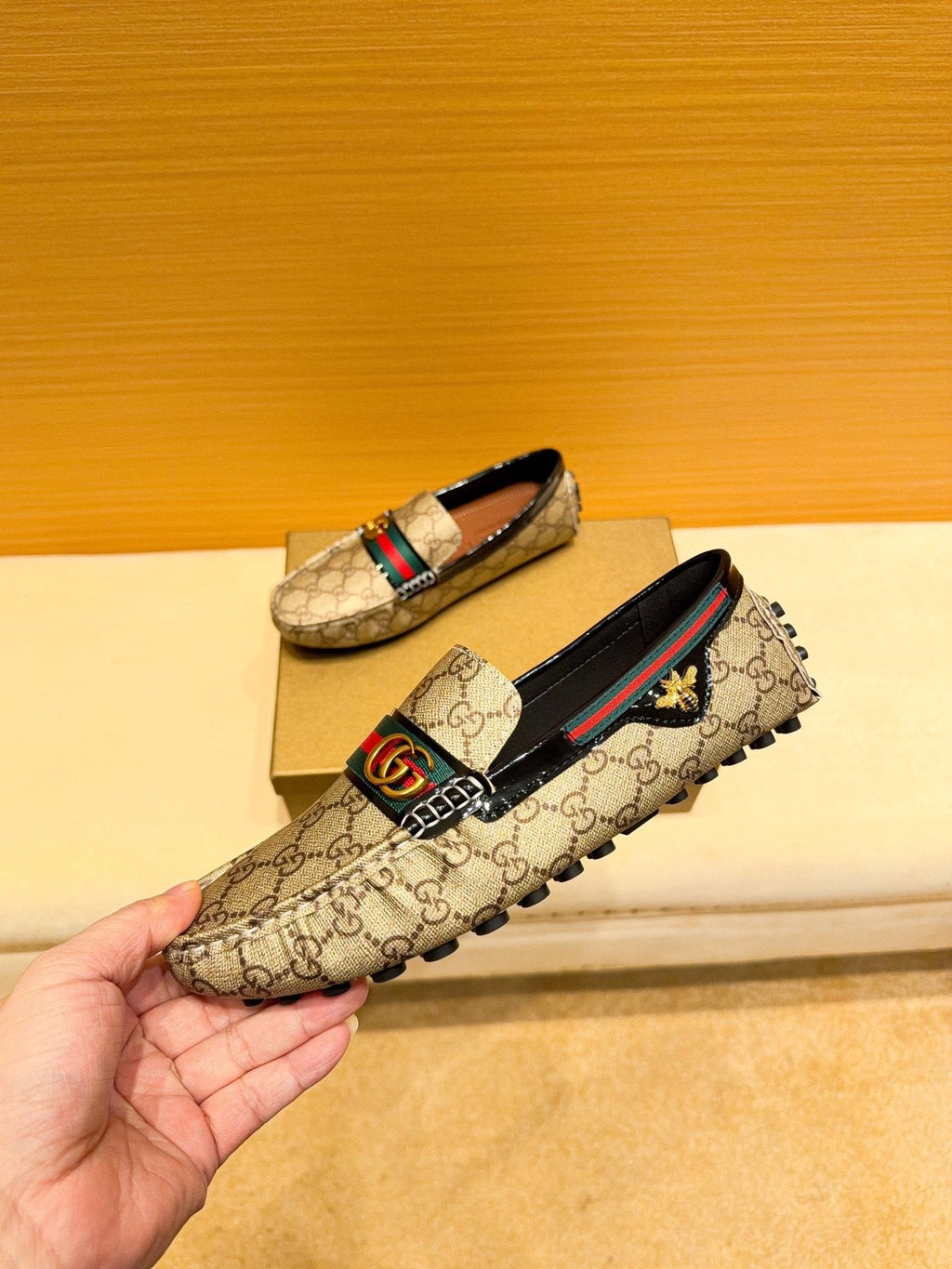 Gucci Beige Monogram Stripe Loafers