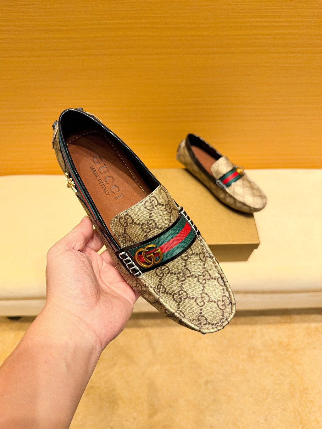 Gucci Beige Monogram Stripe Loafers