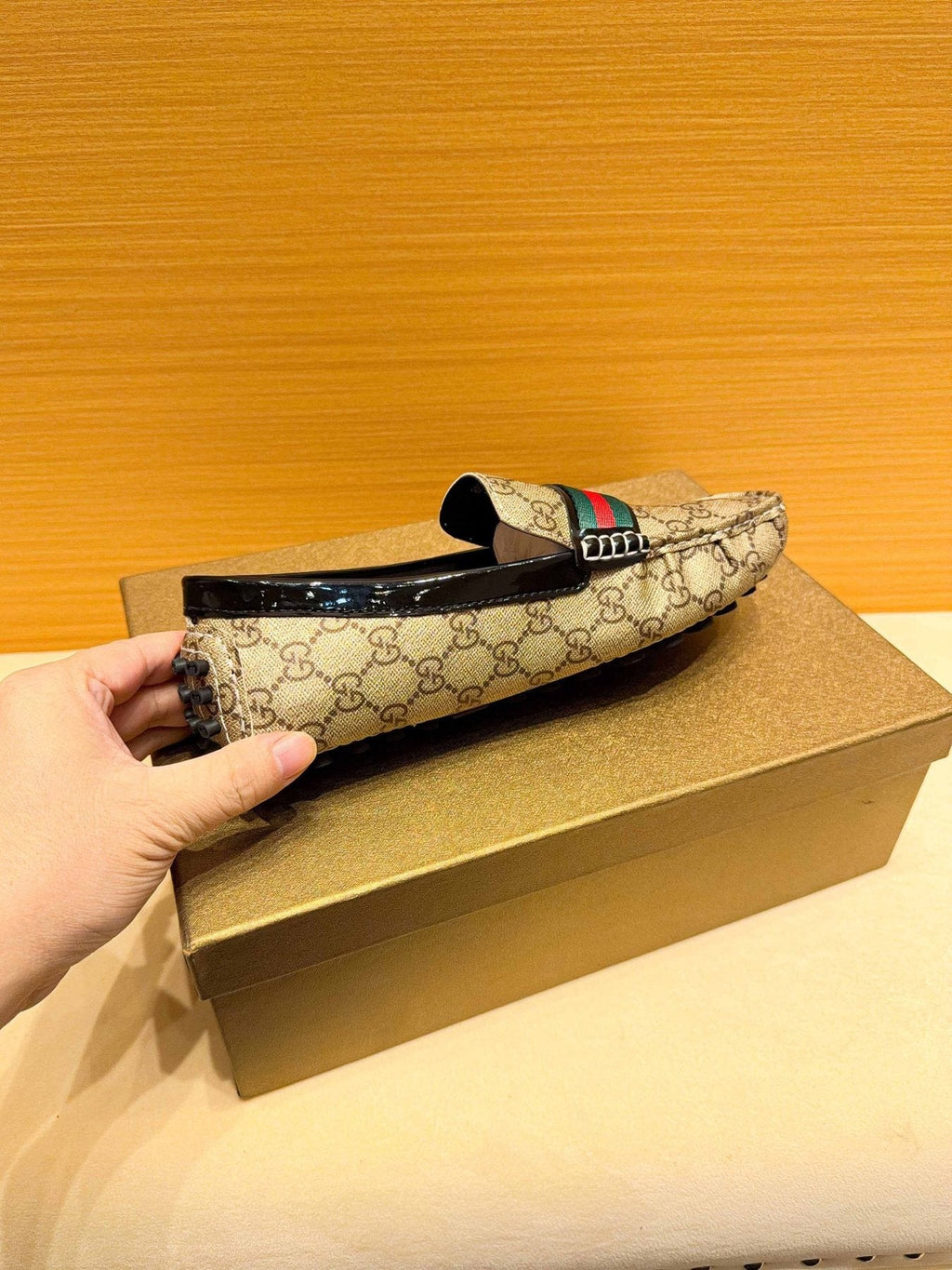 Gucci Beige Monogram Stripe Loafers