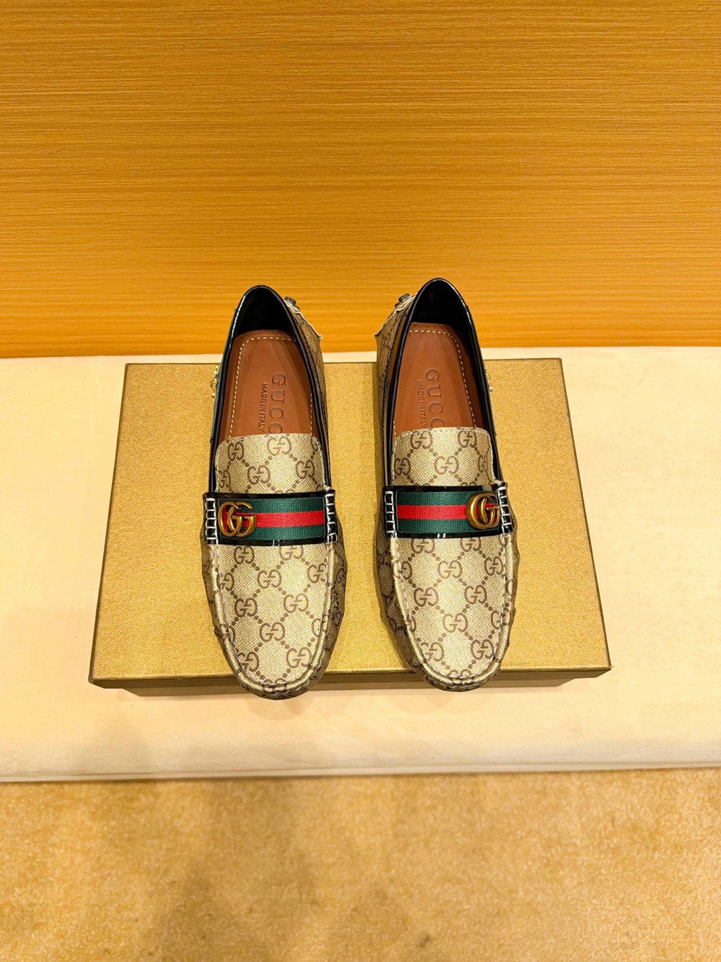 Gucci Beige Monogram Stripe Loafers