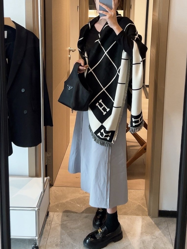 Hermès Black & Ivory Grid Square Scarf