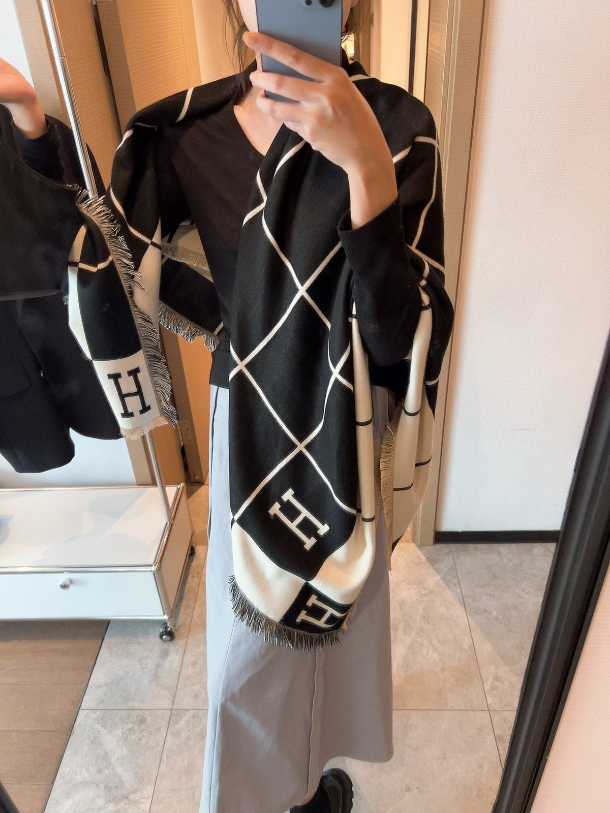 Hermès Black & Ivory Grid Square Scarf