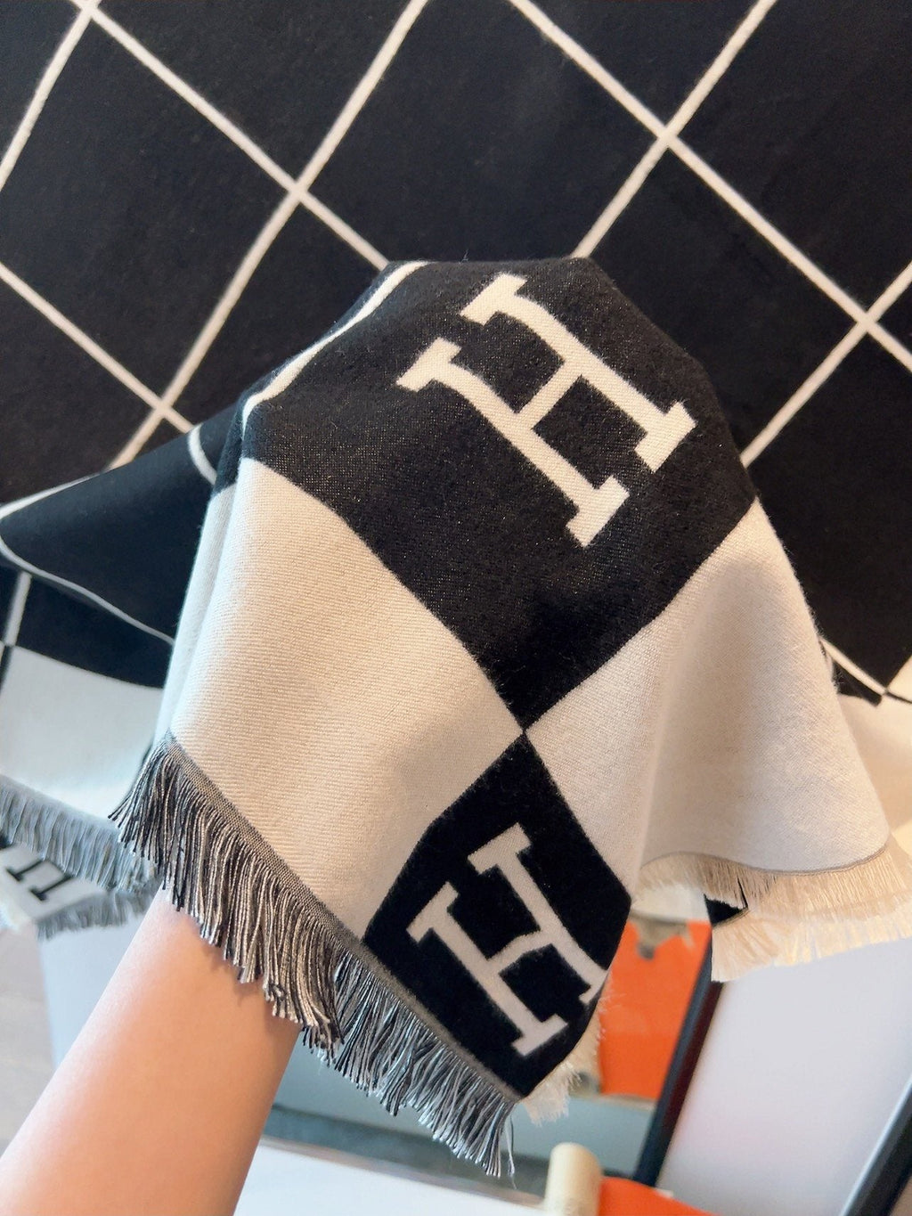 Hermès Black & Ivory Grid Square Scarf