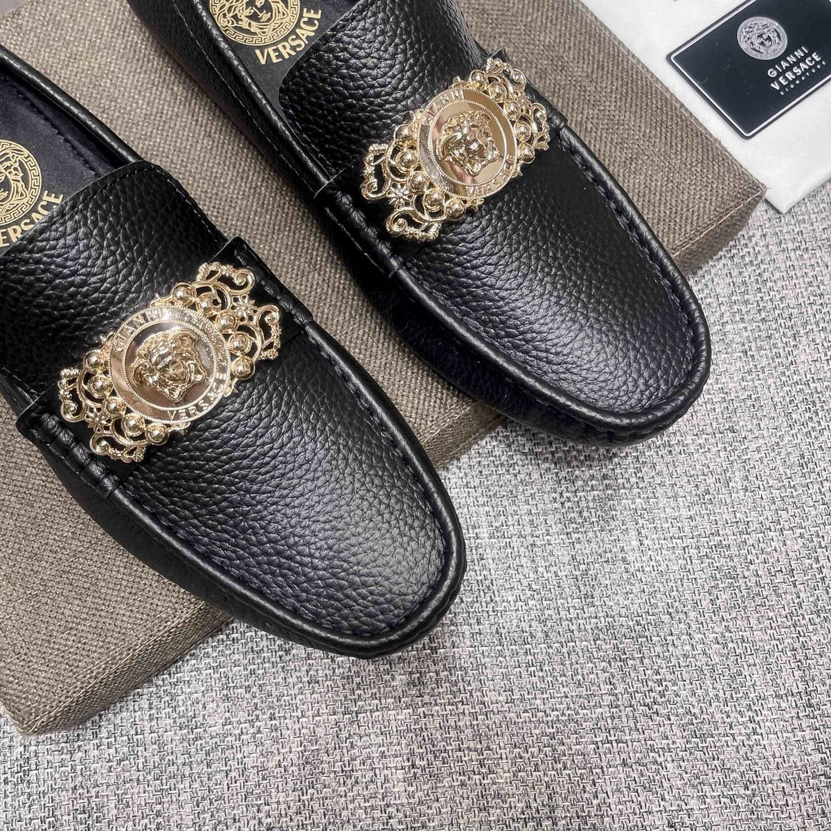 Versace Black Pebbled Leather Loafers