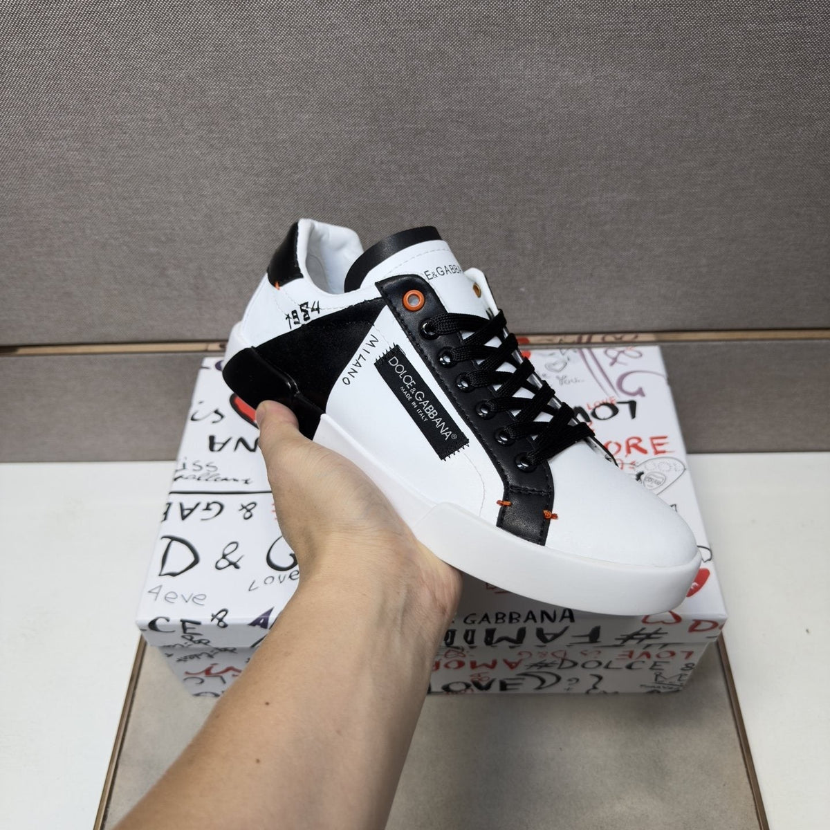 Dolce & Gabbana White Black Orange Low-Top Sneakers