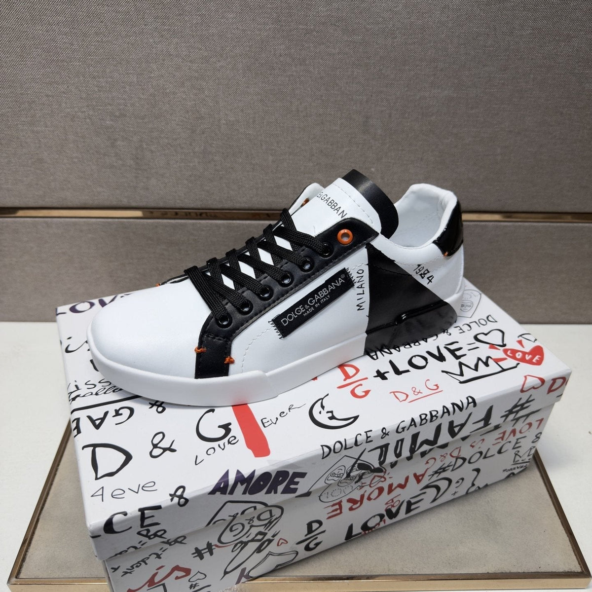 Dolce & Gabbana White Black Orange Low-Top Sneakers