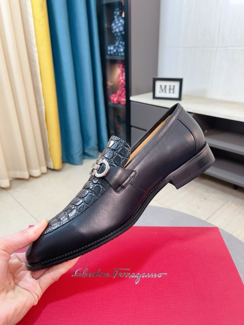 Ferragamo Black Embossed Buckle Dress Shoes