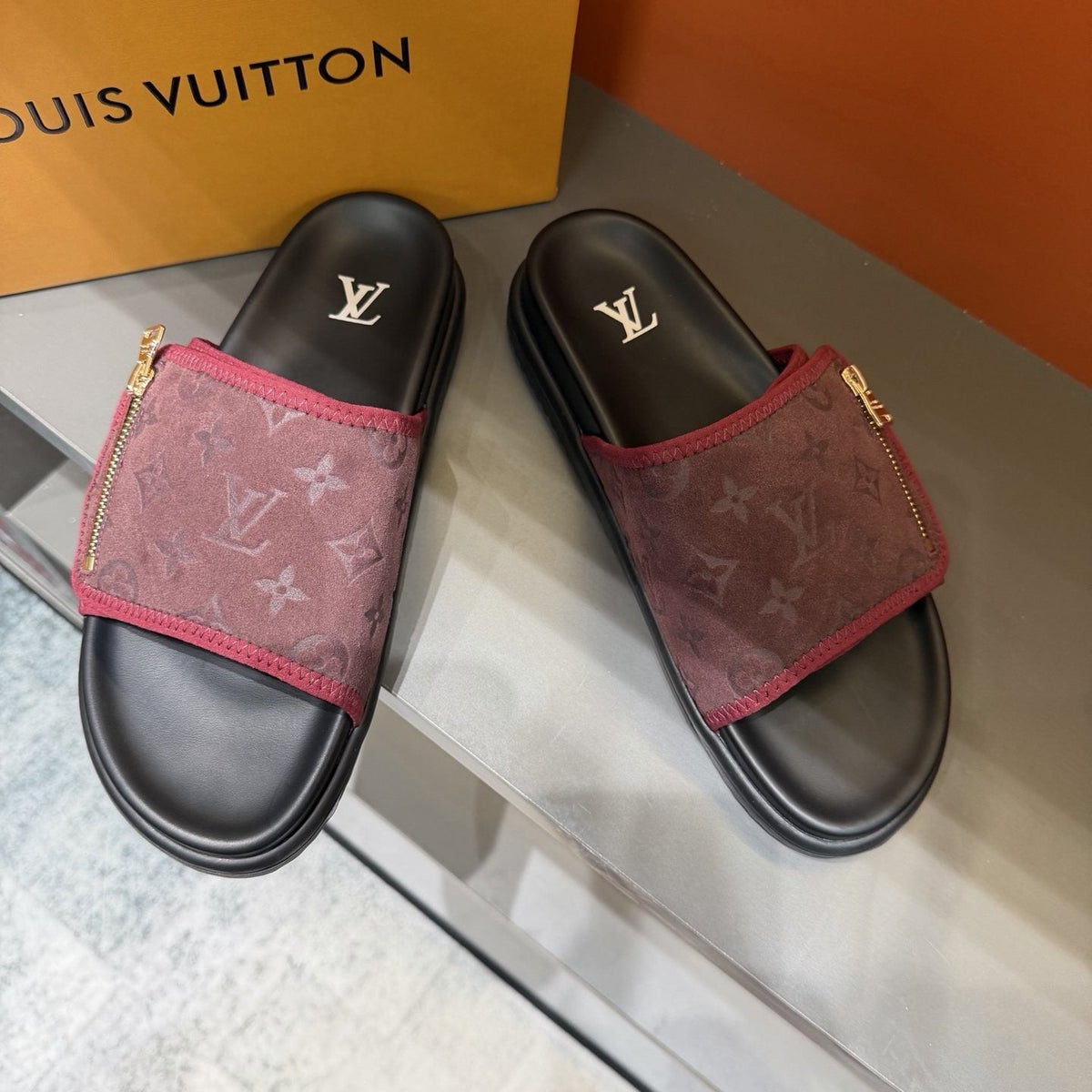 Louis Vuitton Burgundy Patterned Slide Sandals