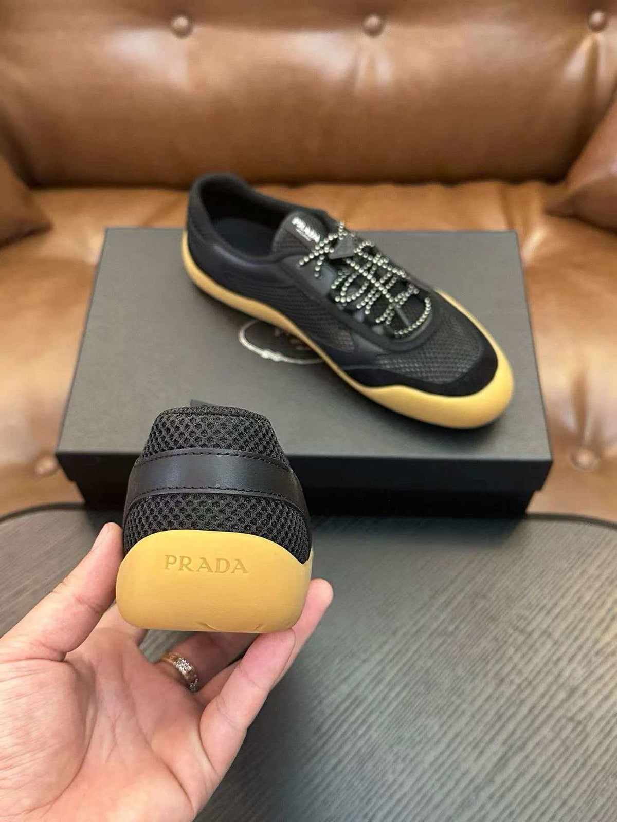 Prada Men's Black Yellow-Sole Sneakers