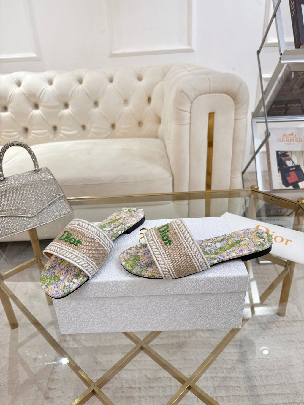 Dior Beige Floral Embroidered Slide Sandals