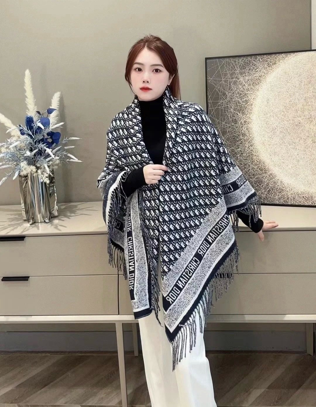 Dior Letter-Pattern Fringed Square Scarf
