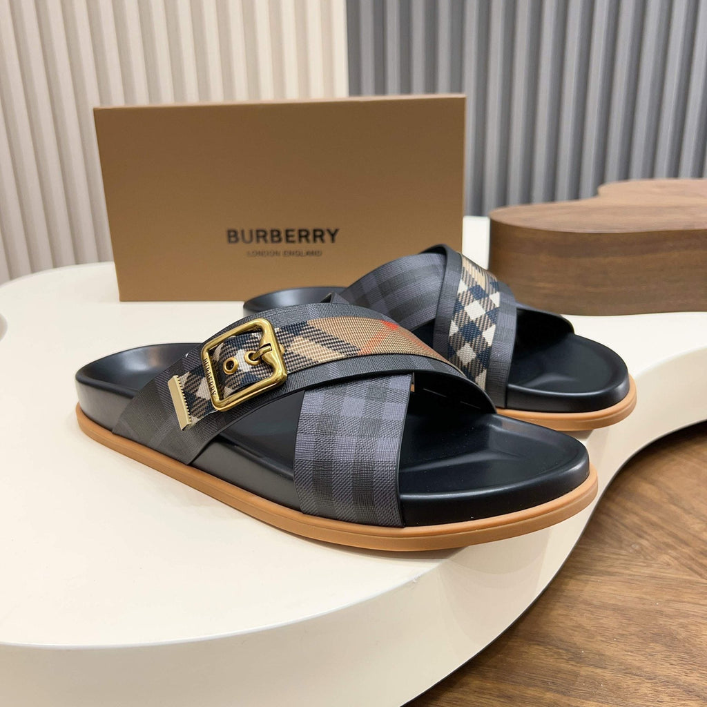 Burberry Check Cross-Strap Slide Sandals - Contoured Footbed