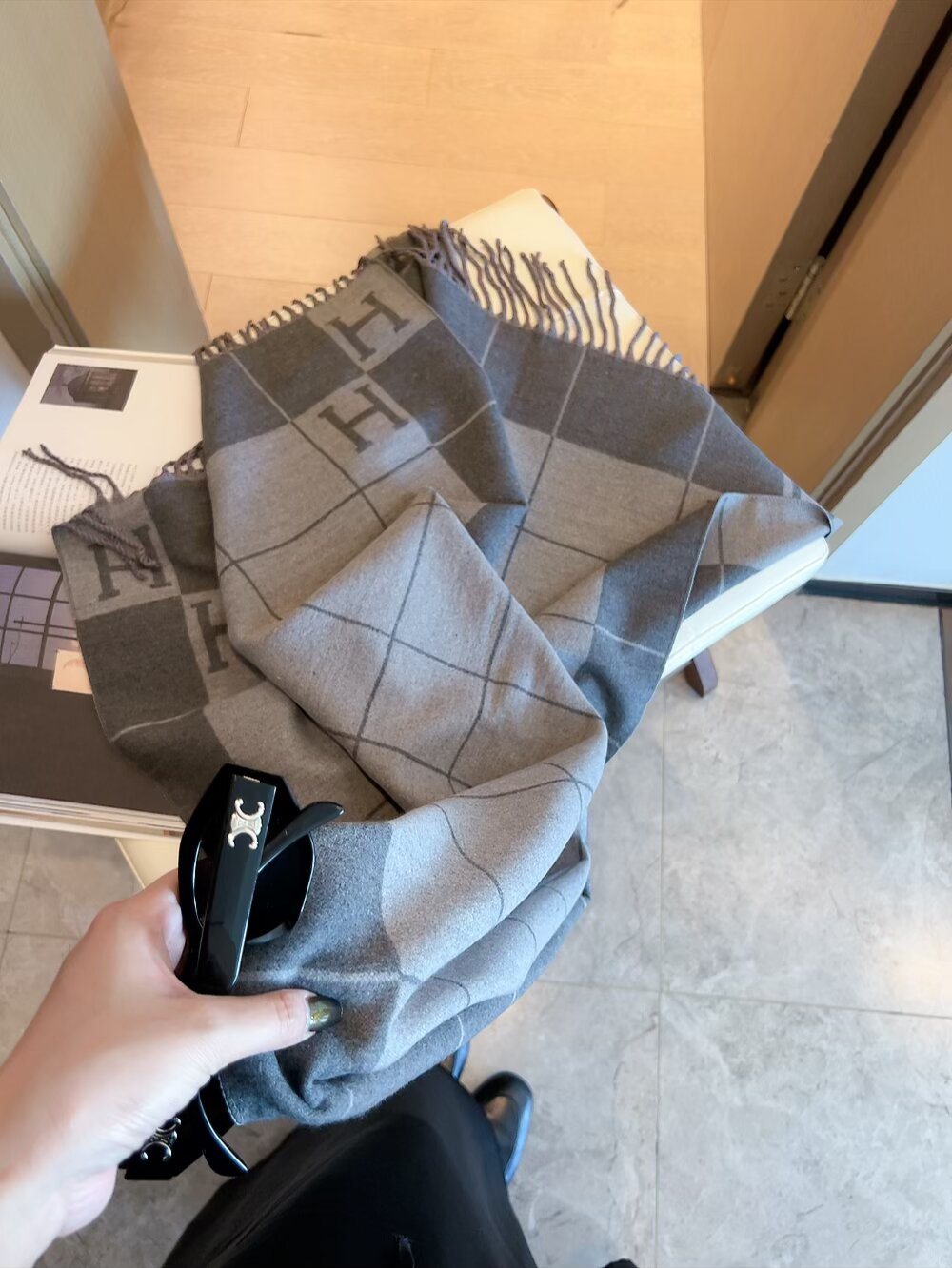 Hermes Fringed Grid Motif Scarf