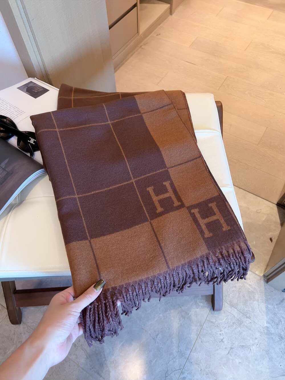 Hermes Fringed Grid Motif Scarf