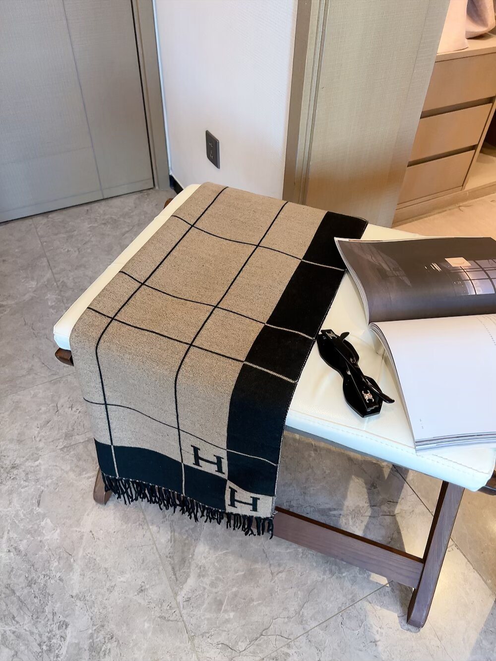 Hermes Fringed Grid Motif Scarf