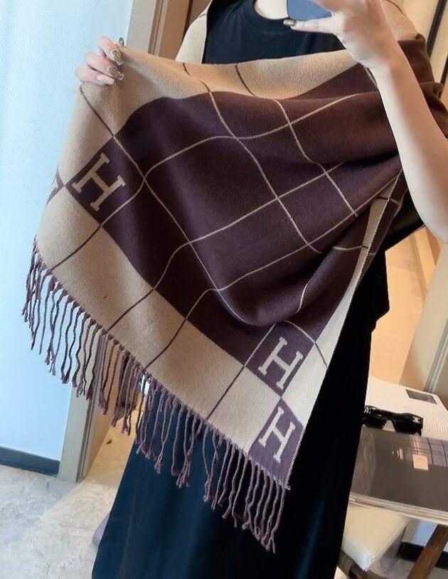 Hermes Fringed Grid Motif Scarf
