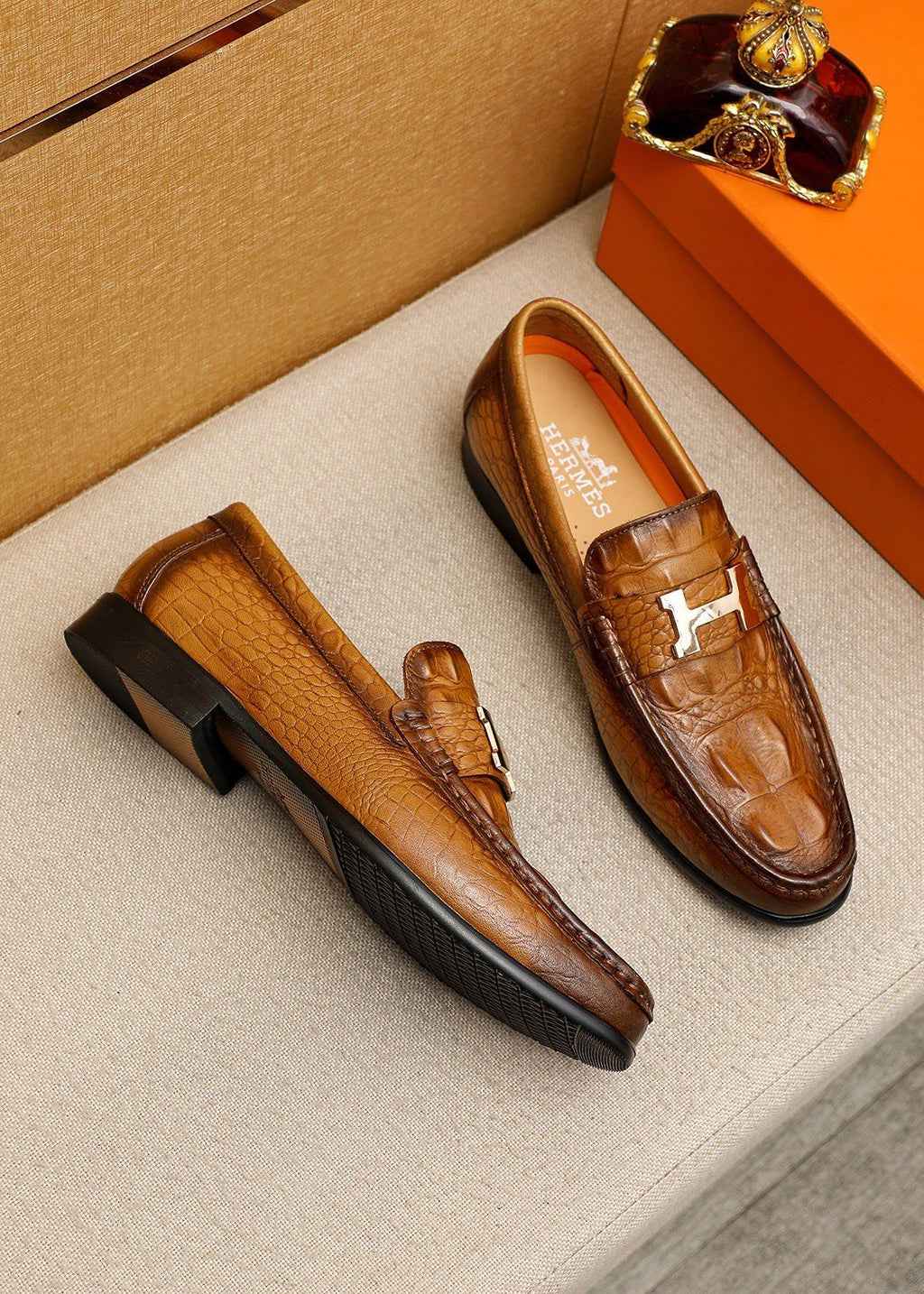 Hermès Textured Metal-Hardware Loafers