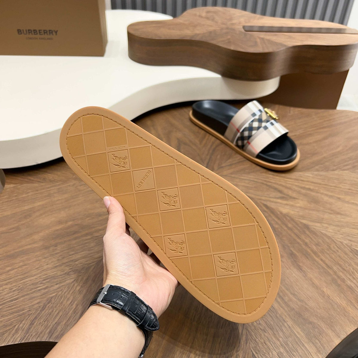 Plaid Buckle Slide Sandals