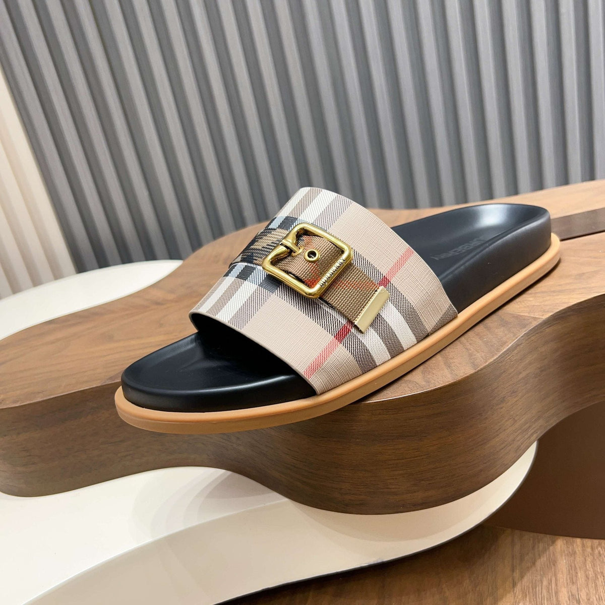 Plaid Buckle Slide Sandals