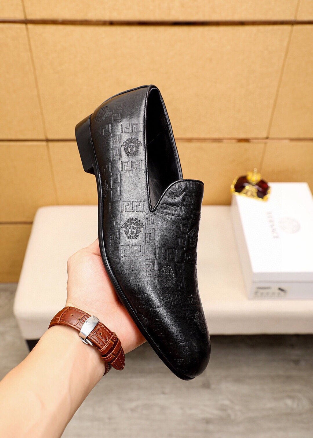 Versace Embossed Leather Slip-On Shoes