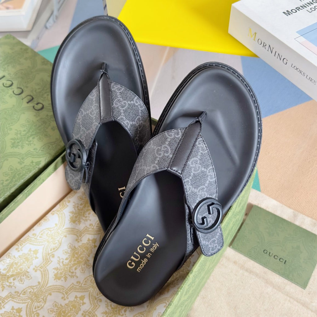 Gucci Black and Gray Monogram Toe-Post Sandals