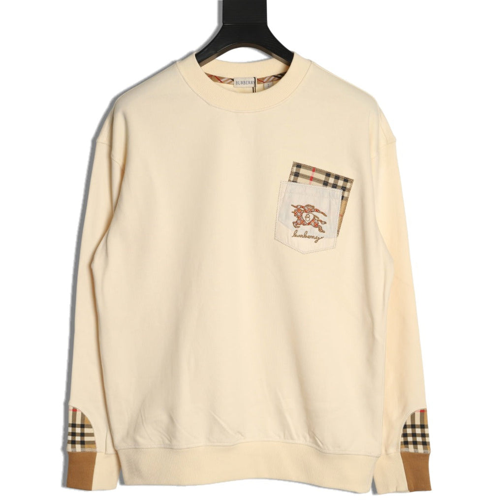 Burberry Check-Trim Embroidered Pocket Crewneck Sweatshirt